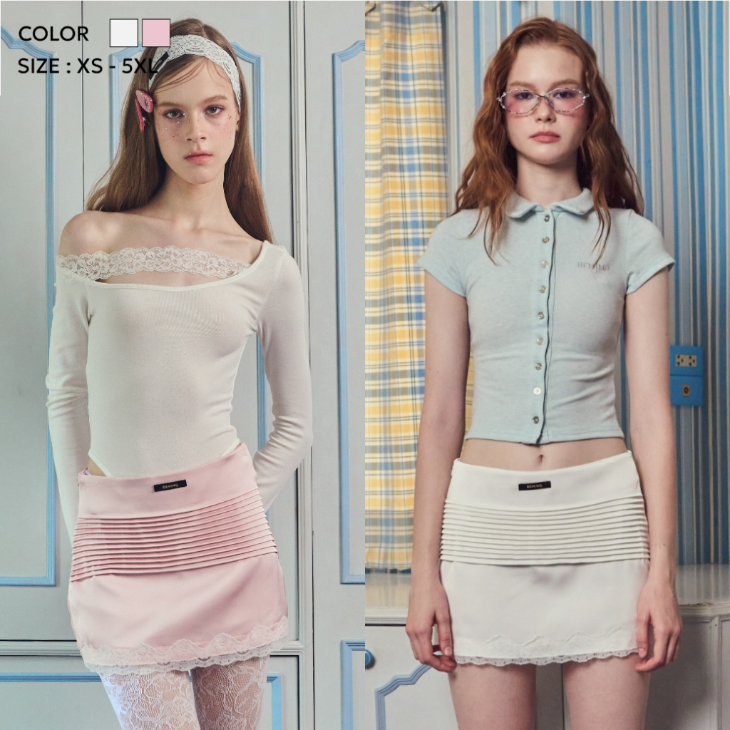 Bemingskirt091(XS-5XL)-Jiwwy Skirt - กระโปรงดีไซน์หวานละมุนระบายชั้นๆด้านหน้า พร้อมขอบลูกไม้ด้านล่าง
