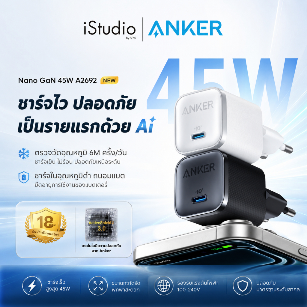 ANKER หัวชาร์จ 45W Nano Charger GaN หัวชาร์จเร็ว สำหรับ Super Fast Charging 3.0