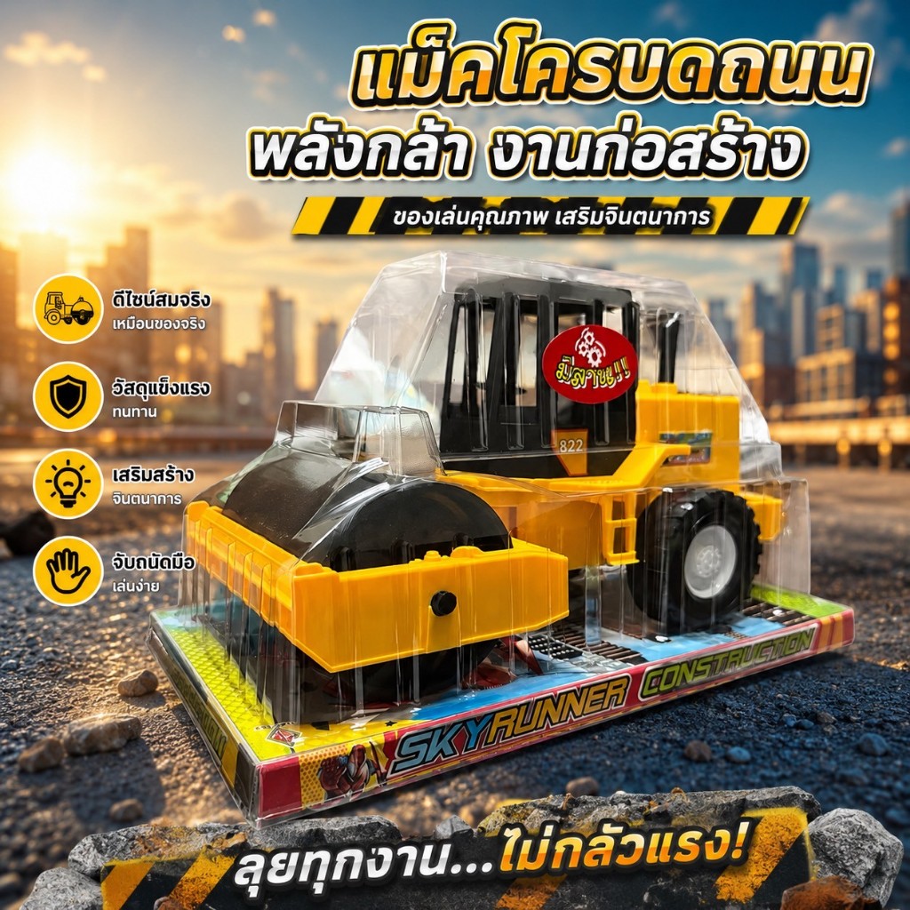 🚜 ของเล่นแม็คโครมีคาน รถก่อสร้างขนาดใหญ่ รถบดถนนสมจริง 🔥