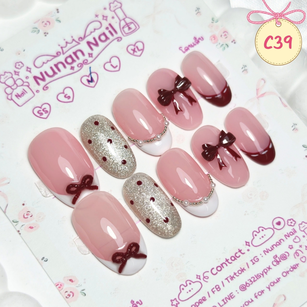 (รอทำ) เล็บปลอมสำเร็จรูป (C39) สีไซรัปชมพู ติดโบว์ น่ารัก สดใสมาก NuNan Nail ฟรี! กาวน้ำ/ตะใบ/แผ่นแอลกอฮอล์/ไม้ดัน