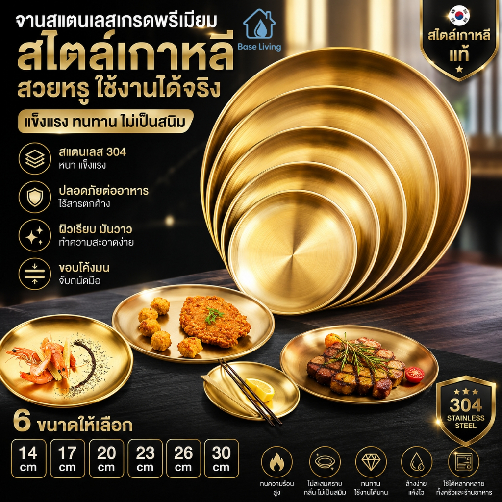 จานสแตนเลส 304 ถาดสแตนเลสอเนกประสงค์ สีเงิน/สีทอง หลายขนาด ใช้เสิร์ฟอาหาร บาร์บีคิว ทนทาน ล้างง่าย