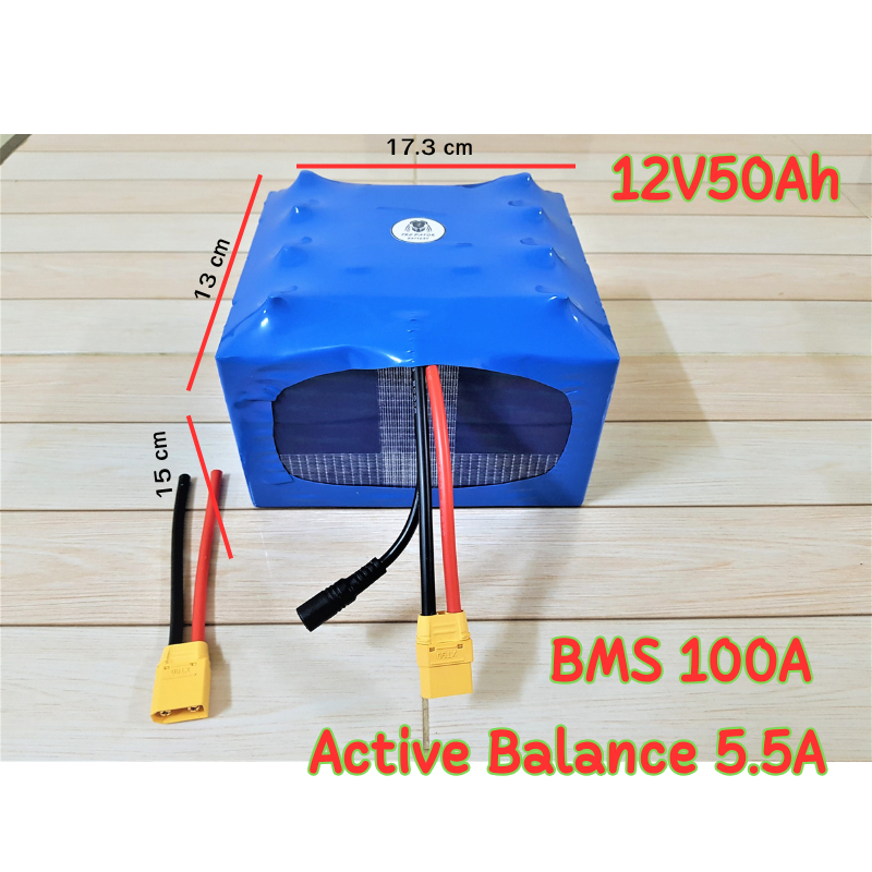 12V 50Ah + BMS 100A Active Balance แบตเตอรี่พร้อมใช้ Lifepo4