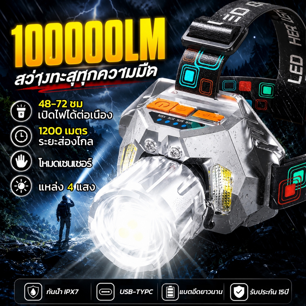 [รับประกัน 15ปี] ไฟฉายคาดหัว ตัวเลือกแสง 4 สี ใช้ต่อเนื่อง48-72ชม เซ็นเซอร์อัจฉริยะ กันน้ำ ยิงไกล12000ม ไฟคาดหัวแรงสูง