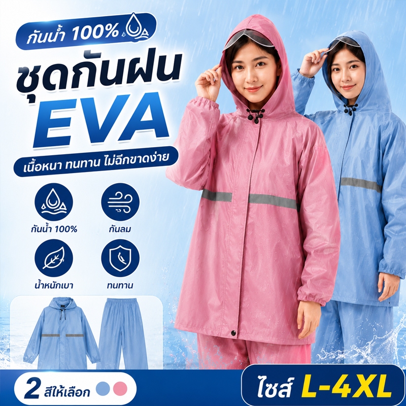 ⚡ชุดกันฝนมอเตอร์ไซค์ กันน้ำ100% เสื้อ+กางเกง EVA คุณภาพดี มีแถบสะท้อนแสง กันลม พับเก็บง่าย ใส่ได้ทั้งชายหญิง