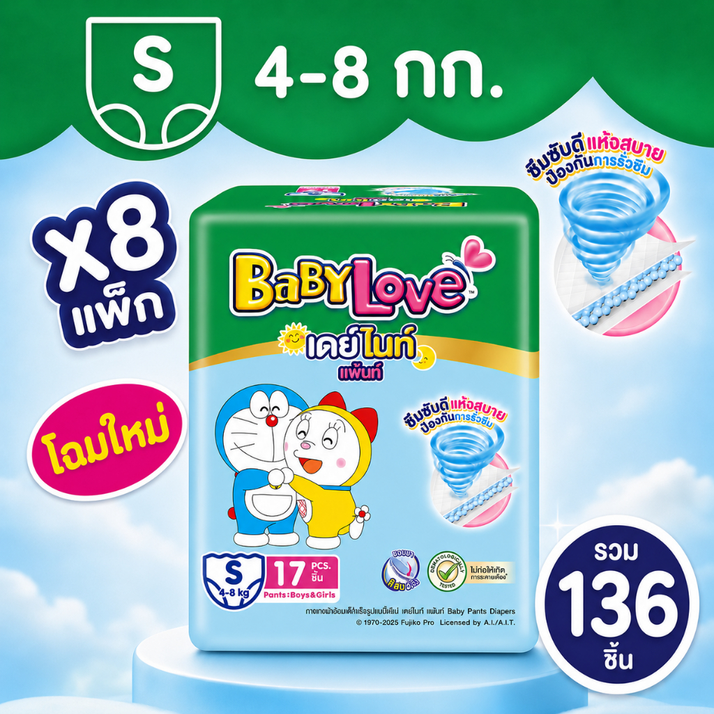 Babylove day&night เบบี้เลิฟกางเกง ไซส์S17ชิ้น*8แพ็ค
