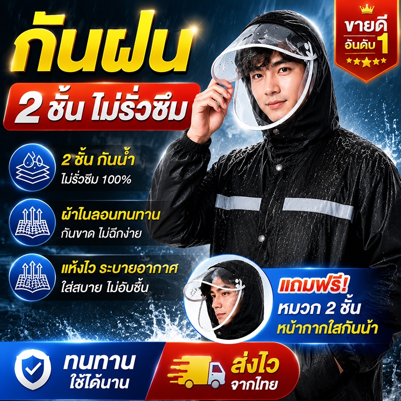 MEIC เสื้อกันฝน แบบหนา เหนียว อย่างดี ทนทาน มีแถบสะท้อนแสง แยกเสื้อและกางเกง เสื้อกันฝนสำหรับผู้ใหญ่