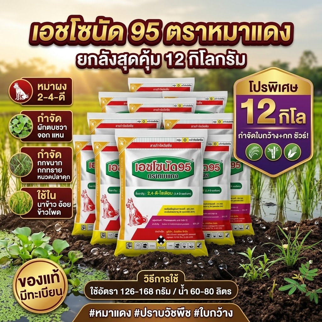 เอชโซนัด95 ตราหมาแดง (ยกลัง12ซอง) ขนาด 1 กิโลกรัม สารกำจัดวัชพืชใบกว้างและกกต่างๆ หมาแดง หมาแดงผง สินค้าแนะนำ