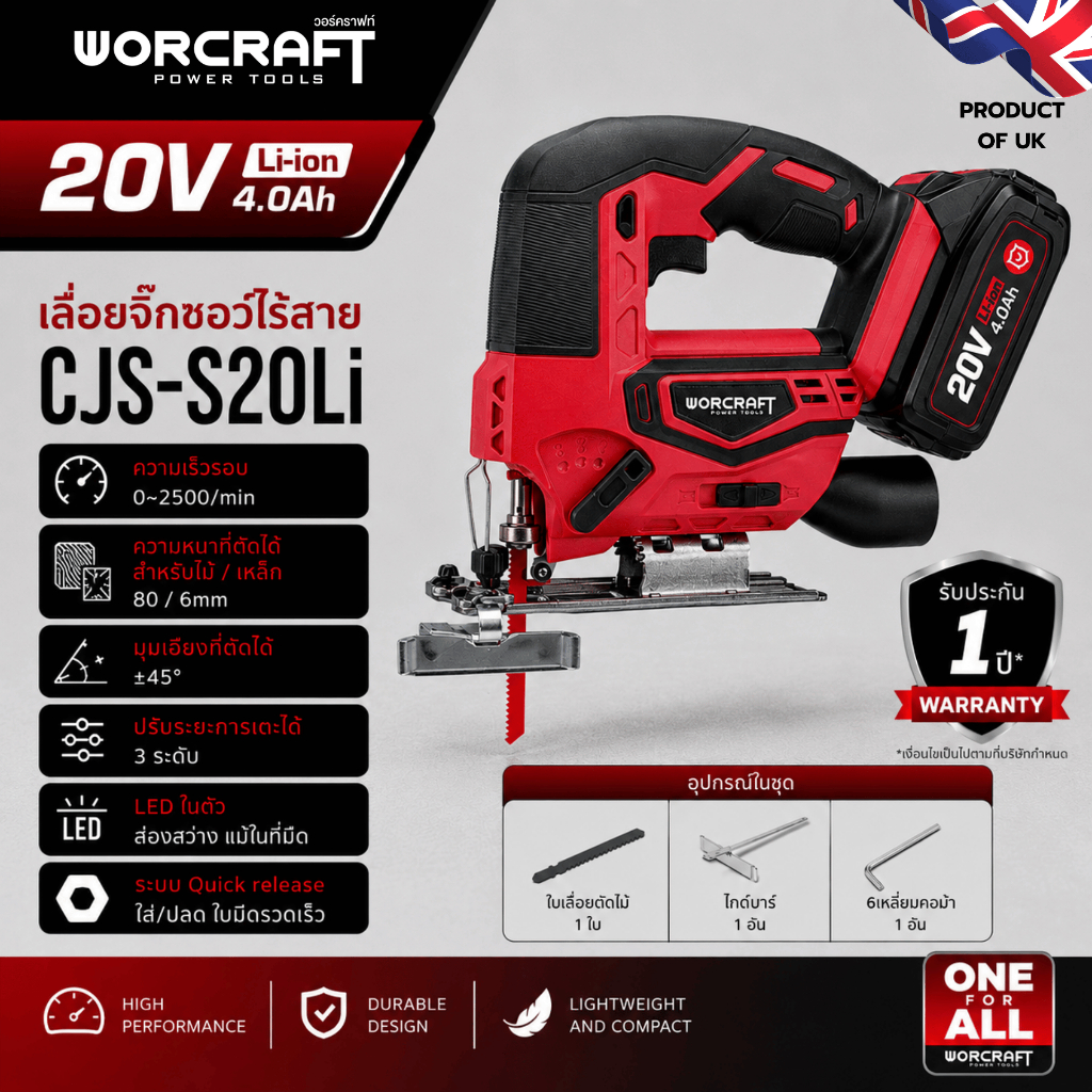 Worcraft เครื่องเลื่อยฉลุไร้สาย รุ่น CJS-S20Li, CJS-S20LiB, CSS-S20Li