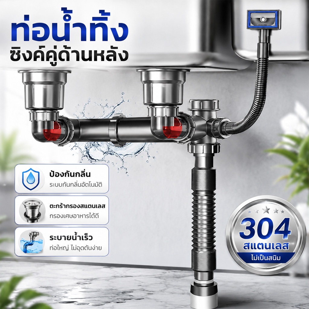 ท่อน้ำทิ้งอ่างล้างจาน 2 หลุม สแตนเลส 304 กันหนูกัด กันกลิ่น กันรั่ว ชุดท่อระบายน้ำอ่างล้างจาน  ปรับงอได้  ใช้งานทนทาน