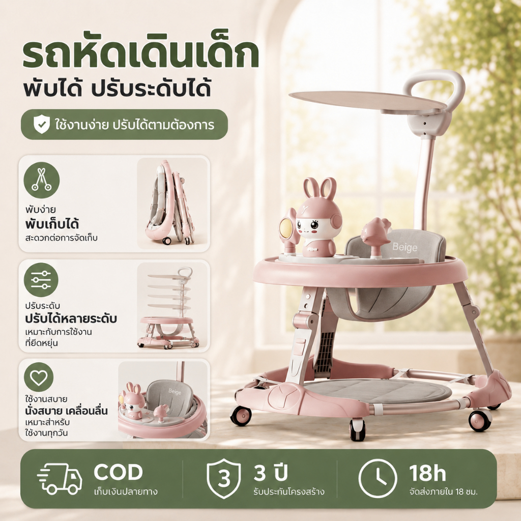 Beige รถหัดเดินเด็ก รถเข็นเด็ก รถขาไถ มีเพลง มีไฟ ที่นั่งปรับได้ พับเก็บ ของเล่น รถหัดเดินเด็ก6เดือน