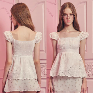Bemingtop1192(S-3XL) - Dolly Top - เสื้อทรง babydoll ดีไซน์แขนตุ๊กตาสามารถใส่ได้ 2 แบบช่วงชายเสื้อแต่งลายฉลุ