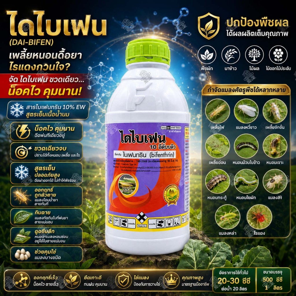 ไบเฟนทริน 10% EW ไดไบเฟน สูตรเย็น เนื้อน้ำนม กำจัดหนอน หนอนเจาะ เพลี้ยไฟ แมลงหวี่ขาว แมลงสิง ไรแดง
