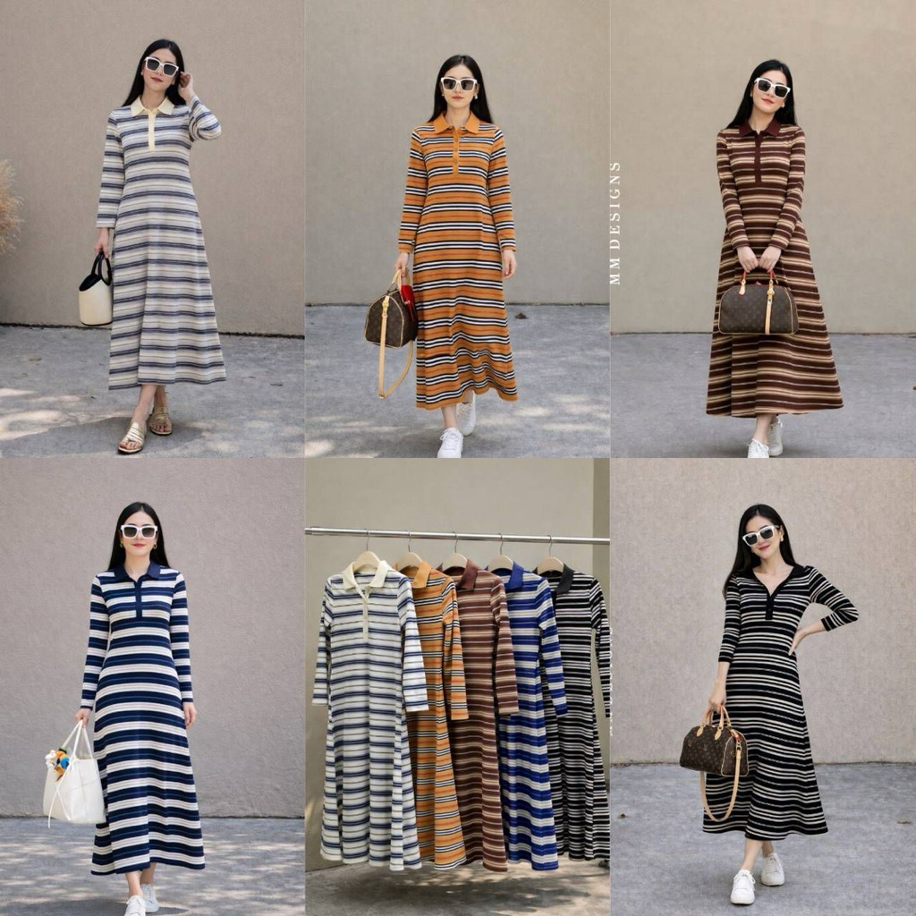 🌈🌿🌸🌺🌼🤎🧡🩶🖤🇰🇷 Cotton Stripe Collar Long Sleeve Maxi Dress