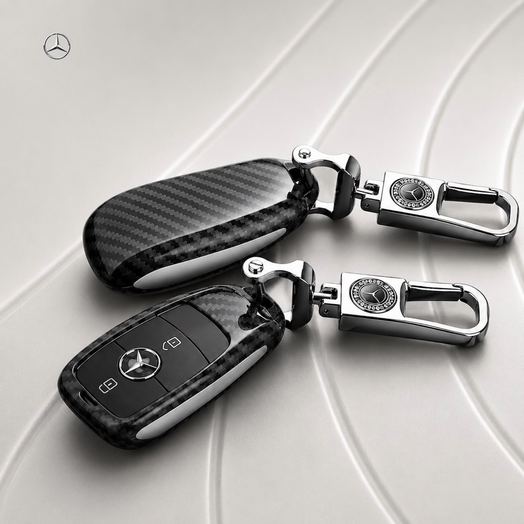 กรอบ-เคส ใส่กุญแจรีโมทรถยนต์ Mercedes Benz E-Class W213,E220d,C220d Smart Key ลายเคฟล่า (พวงเหล็ก)
