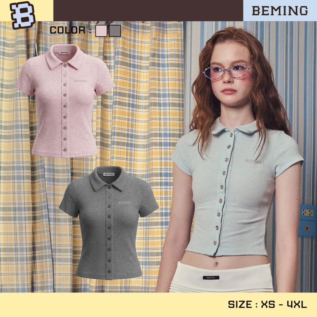 Bemingtop1177(S-3XL) - Bemmy Top - เสื้อโปโลทรงเข้ารูปดีเทลกระดุมหน้าอะไหล่เงิน โลโก้ปัก BEMING ที่อก