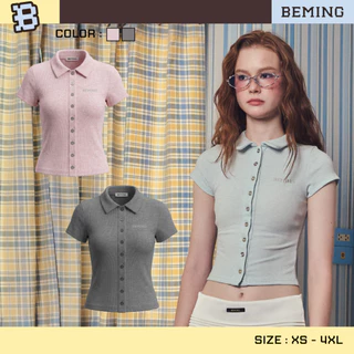 Bemingtop1177(S-3XL) - Bemmy Top - เสื้อโปโลทรงเข้ารูปดีเทลกระดุมหน้าอะไหล่เงิน โลโก้ปัก BEMING ที่อก