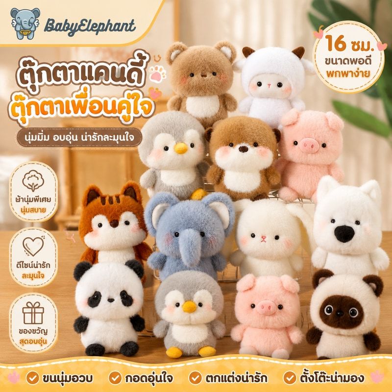 ✨ตุ๊กตาแคนดี้ ตุ๊กตาเพื่อนคู่ใจ🐾 หมอนสัตว์ ตุ๊กตาคาปิบาร่า แฟชั่น 16 ซม. หมี ช้าง ตุ๊กตาสัตว์ ของเล่นตุ๊กตาตั้งโต๊ะ