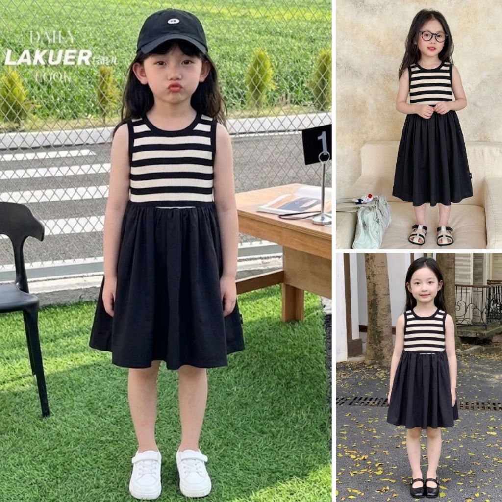 Hanababywear ชุดเดรสกระโปรงแขนสั้น สีเรียบ สไตล์เกาหลี ชุดเดรสสำหรับเด็ก พร้อมส่งในไทย-K4125039