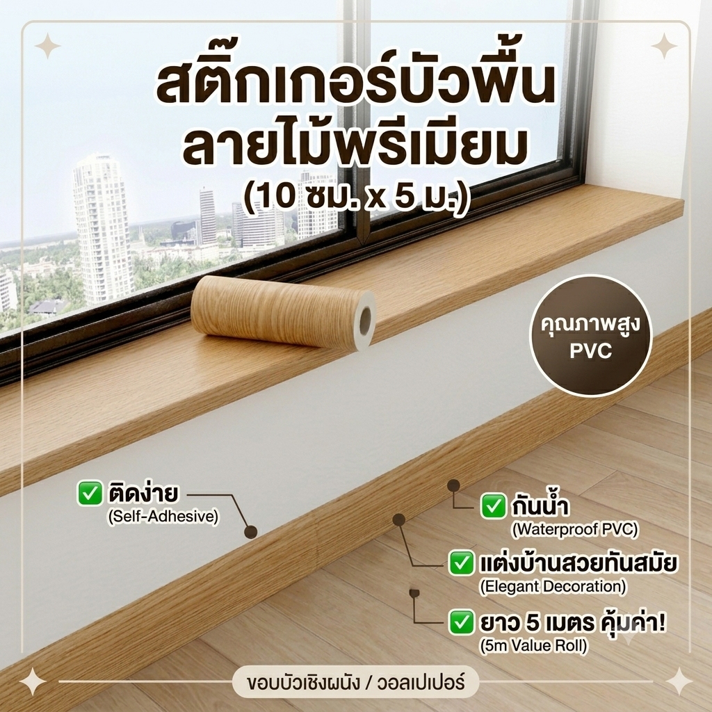 สติกเกอร์ติดผนัง บัวพื้น บัวผนัง ลายไม้ มีกาวในตัว กันน้ำ แบบม้วน ยาว 10 เมตร Wallpaper Tape