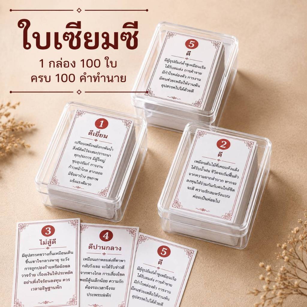 ใบคำทำนาย เซียมซี 1กล่อง(100ใบ) ขนาดเท่านามบัตร (รับทำตามแบบ)