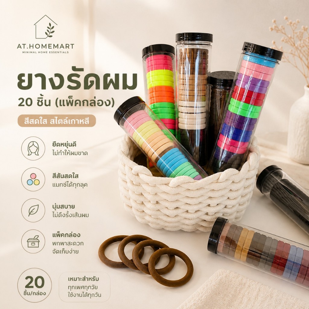 AT.Homemart ยางรัดผม 20 ชิ้น (แพ็คกล่อง) | ยางมัดผม ยางรัดผมแฟชั่น ยางยืด สีสดใส สไตล์เกาหลี (พร้อมส่ง)