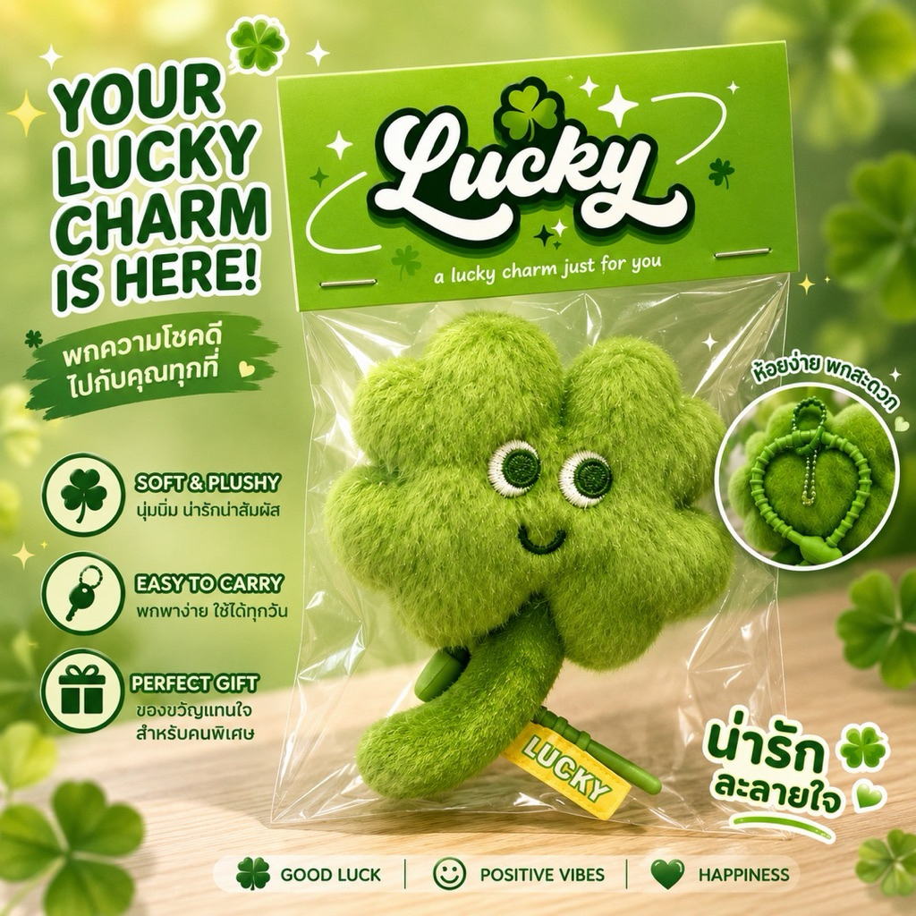 ใบโคลเวอร์ (leaf clover)ตุ๊กตาแขวนกระเป๋ารูปใบโคลเวอร์