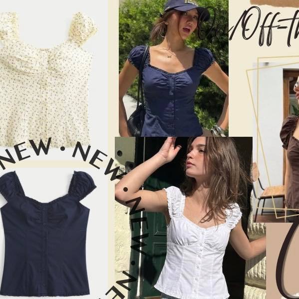 On/Off-the-Shoulder Ruffle Trim Top. ดีไซน์เสื้อคอเหลี่ยมโดดเด่นเป็นทรงเข้ารูป (Slim Fit) ผ่าหน้าติด กระดุมยาว