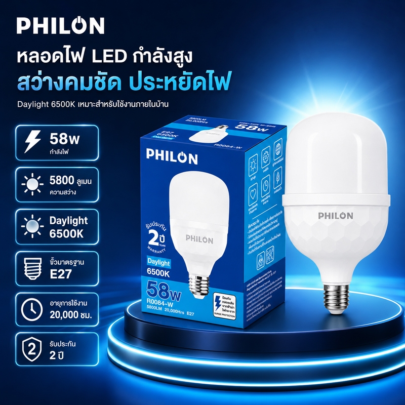 หลอดไฟ LED PHILON ขั้ว E27 แสงขาว 6500K 28/38/48/58/68/88W กันไฟกระชาก รับประกัน 2 ปี