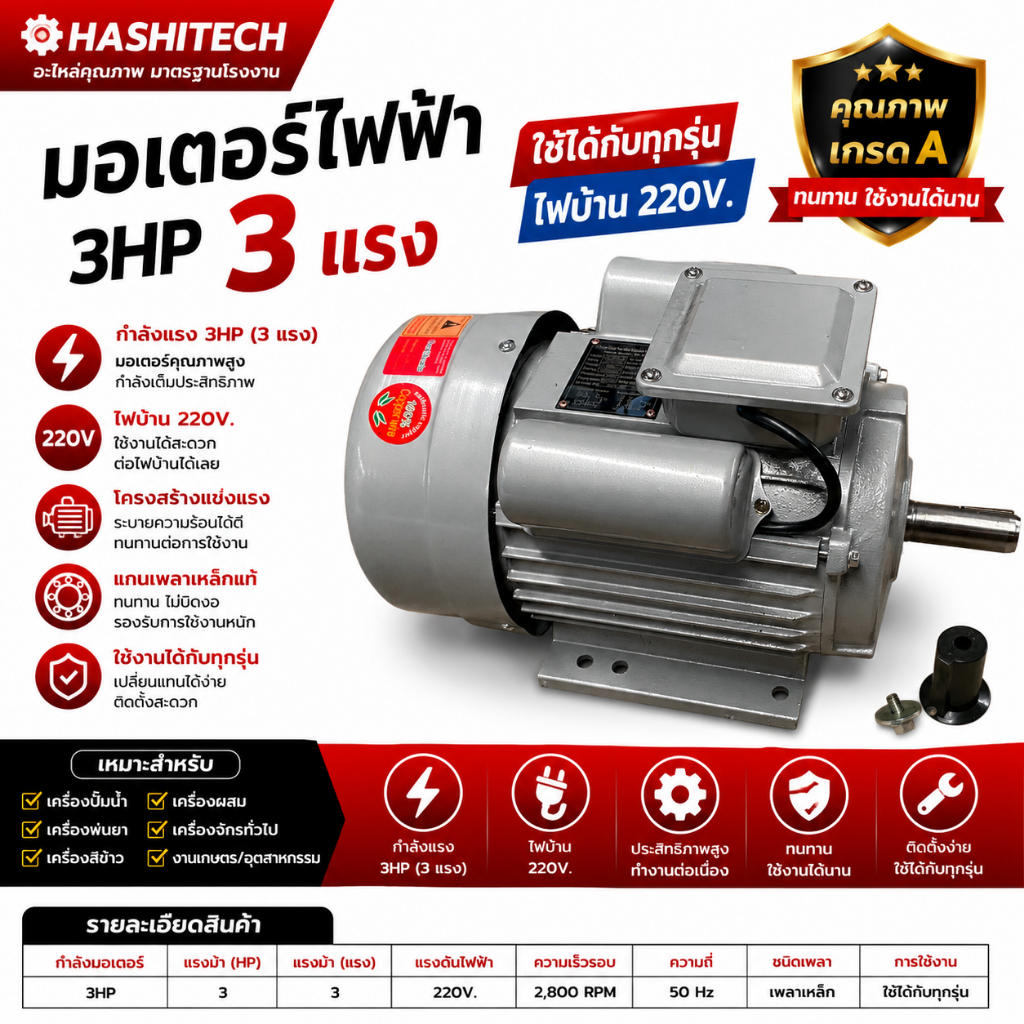 มอเตอร์ไฟฟ้า 3HP 3 แรง ใช้ได้กับทุกรุ่น ไฟบ้าน220V.