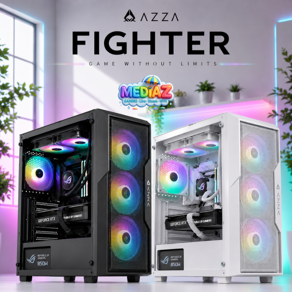 เคส ATX รับชุดน้ำ3ตอน ใหญ่เย็น ฝากระจกนิรภัย แนวเกมมิ่ง MESH MediaZShop Case AZZA FIGHTER