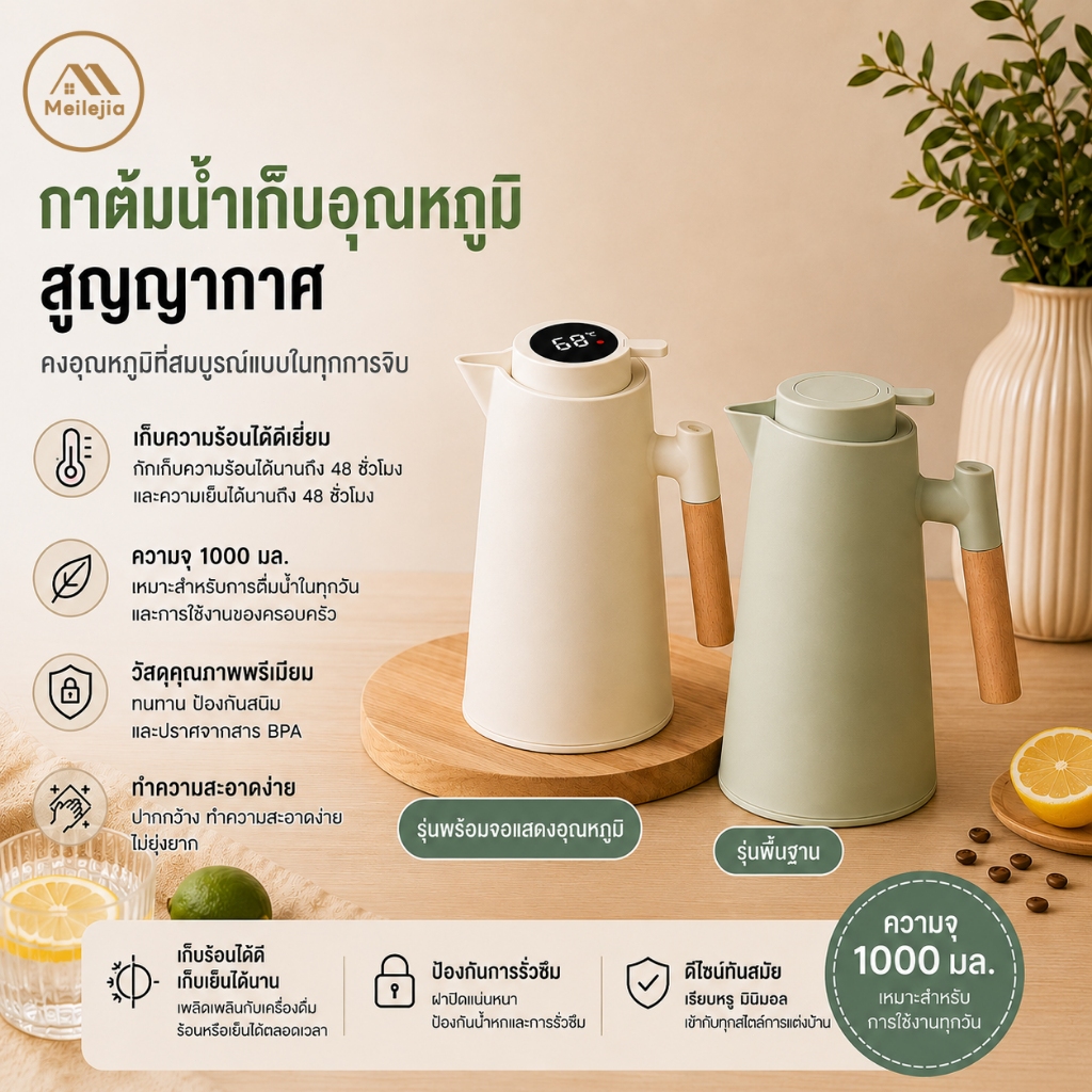 ครัวเก็บความร้อนวาเคิวม์ดิจิทัลแสดงสถานะอุณหภูมิ ปกปิดกดสปริง เก็บความร้อน/เย็น 1000ml สีขาว/เขียว