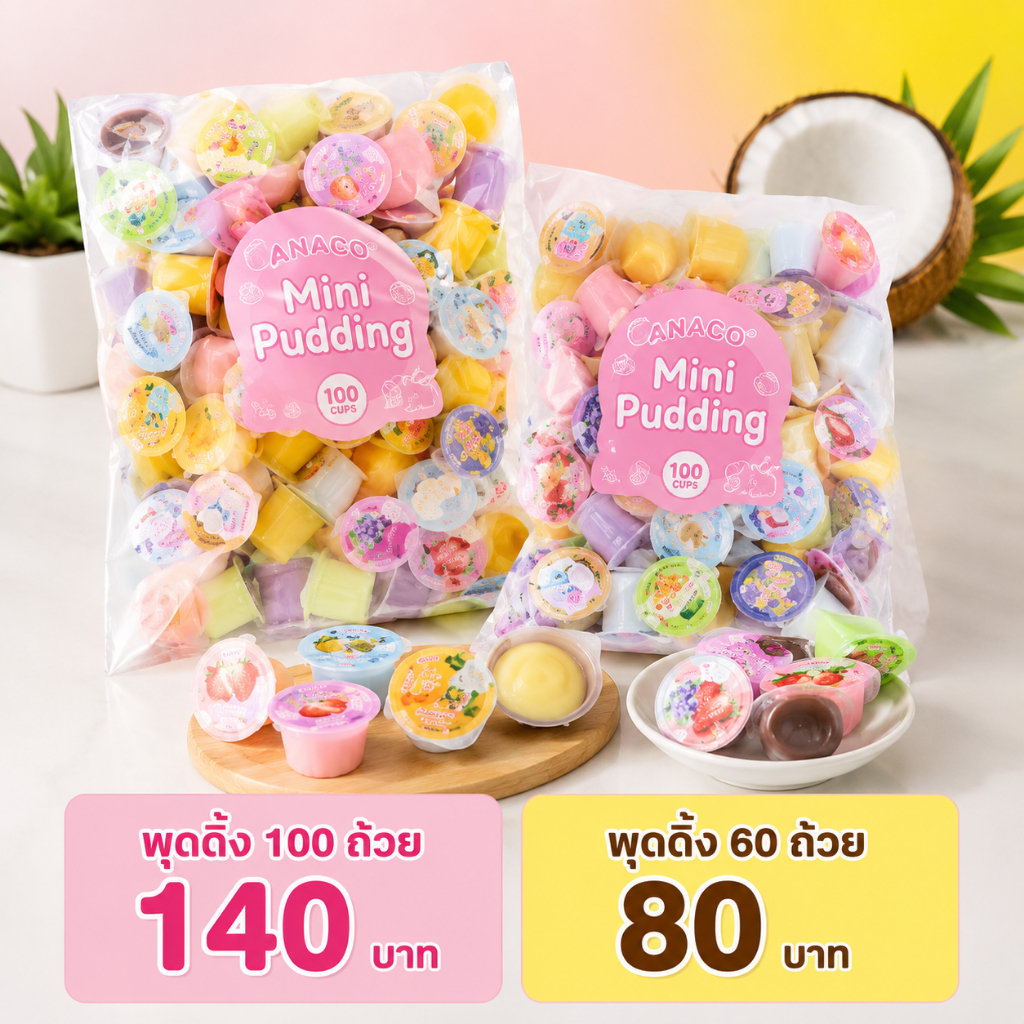 Nanaco Mini Pudding มินิพุดดิ้งผสมวุ้นมะพร้าว รวมรสผลไม้ (แพ็ค 60/100 ชิ้น) ลายการ์ตูนจักรราศี