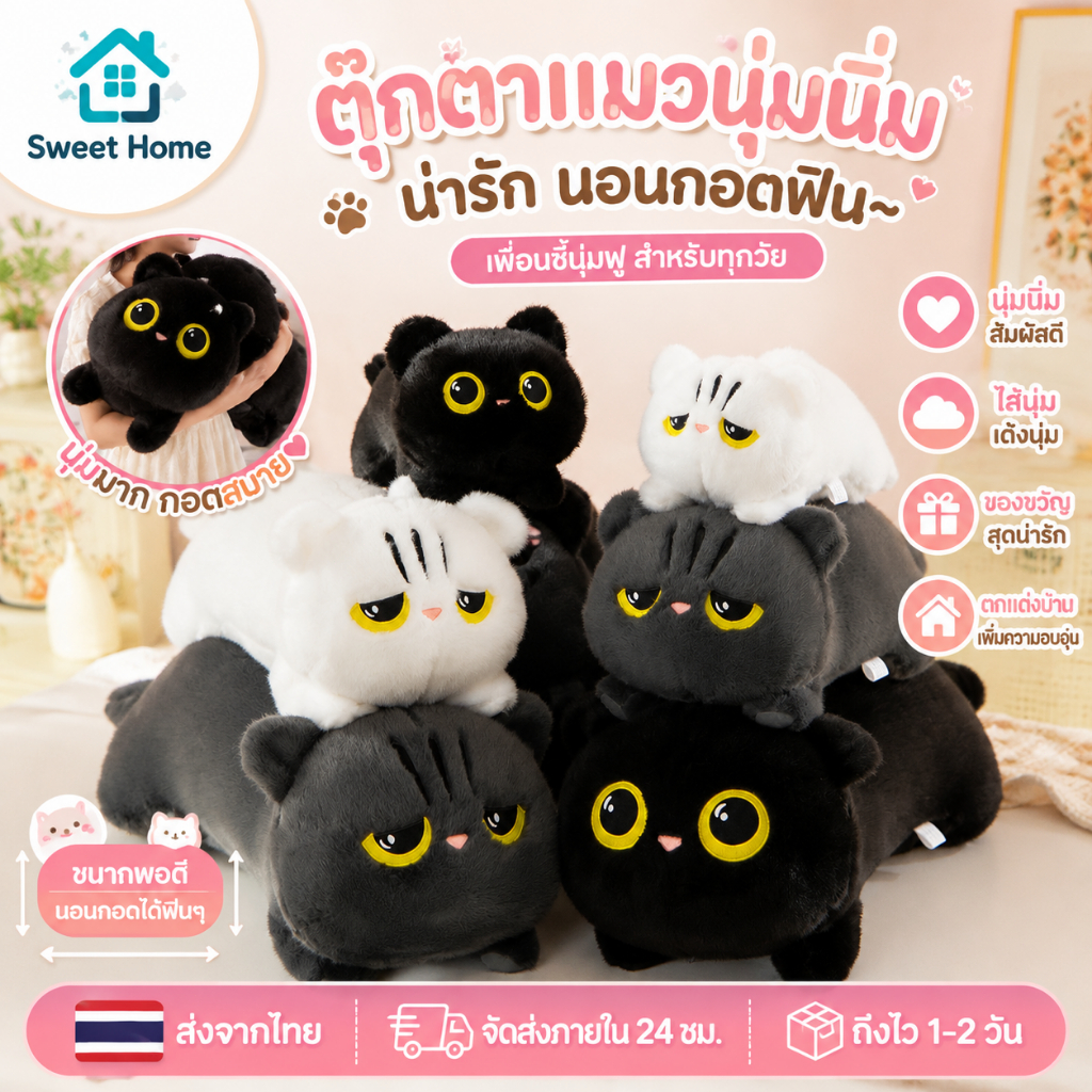 แมวน่ารักของเล่นตุ๊กตา Kawaii Big Cuddly หมอนเบาะน่ารักหมอนนอนยัดไส้นุ่มนอนแมวตุ๊กตาหมอนของขวัญวันเกิด TH