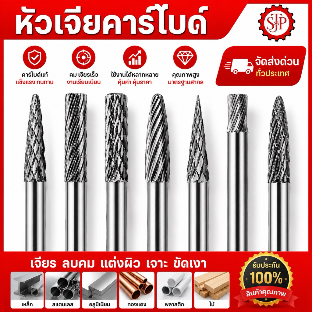 หัวเจียรคาร์ไบด์ แกน3มิล หัวโต3มิล สำหรับแกะสลักไม้ อลูมิเนียม ราคาสินค้า=1ตัว