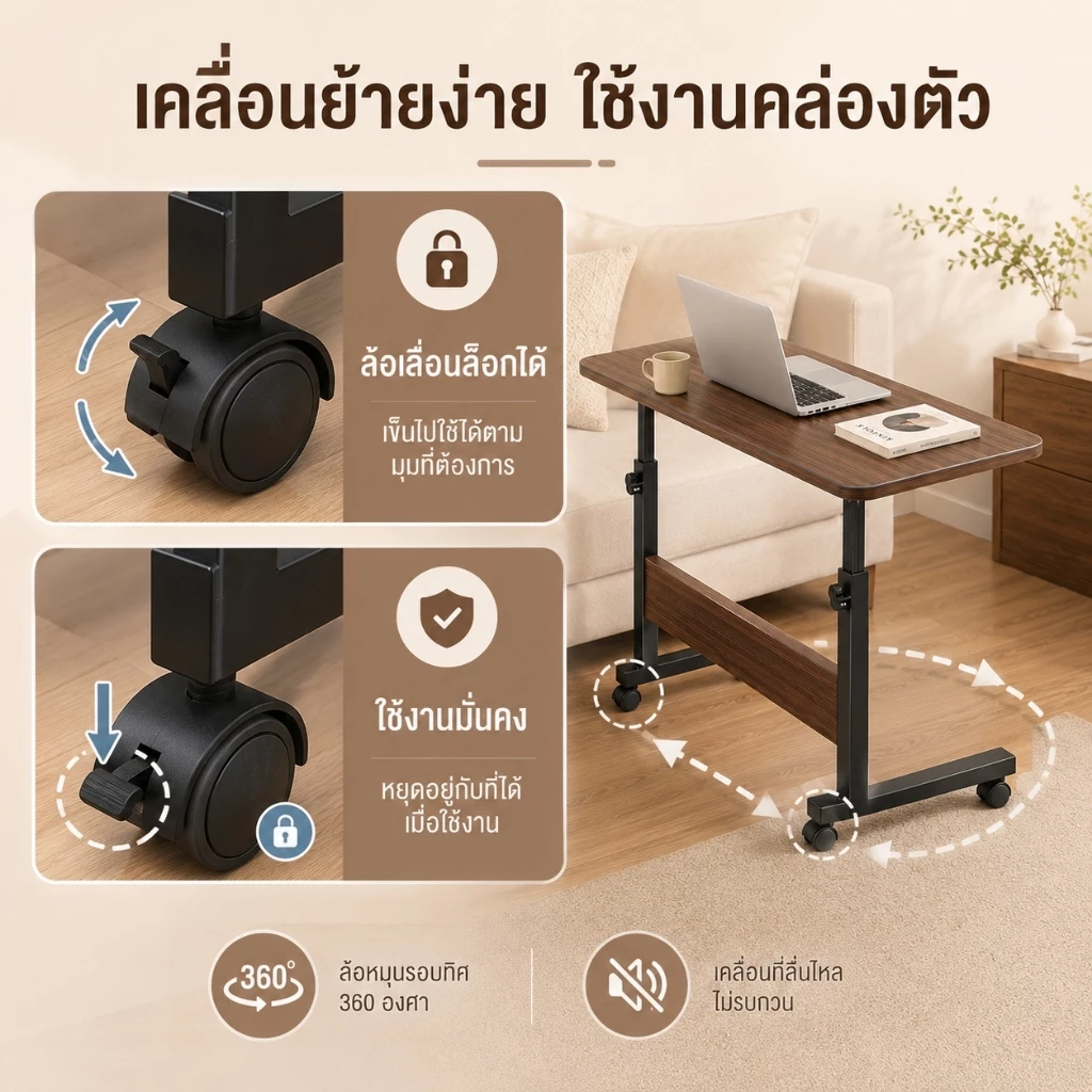 โต๊ะคอมข้างเตียง โต๊ะวางโน้ตบุ๊ก 80x40 ซม. ปรับระดับและเคลื่อนที่ได้ thumbnail 6