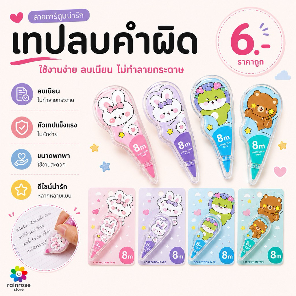 เทปลบคำผิด ลิควิด [คละลาย] อุปกรณ์ เรียน ลบ ปากกา เทป ลบปากกา น่ารัก ลายการ์ตูน เก๋ไก๋ โรงเรียน สำนักงาน ยาว เล็ก