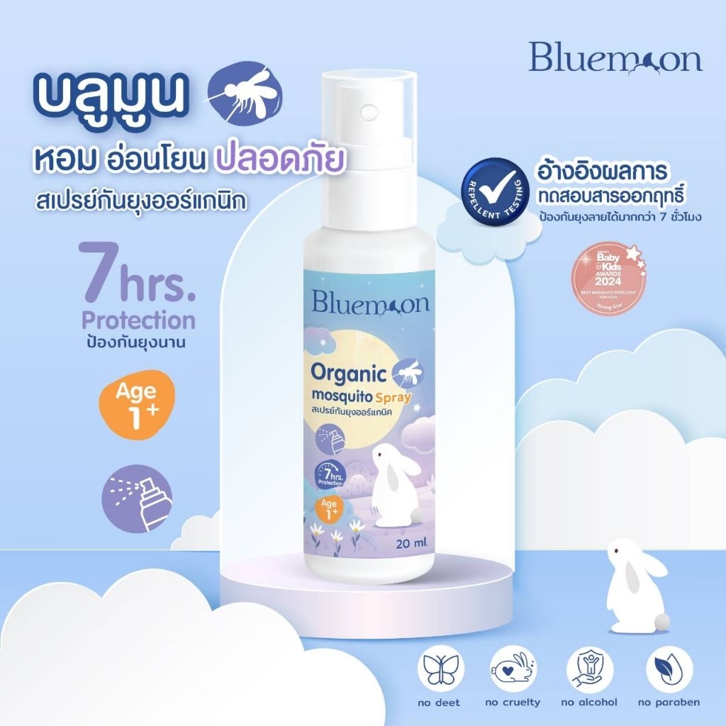 Bluemoon สเปรย์ กันยุง Organic หอม อ่อนโยน ปลอดภัย ไม่มี Deet พาราเบน แอลกอฮอล์  ป้องกันยุง 7 ชม. กันยุงและบำรุงผิว