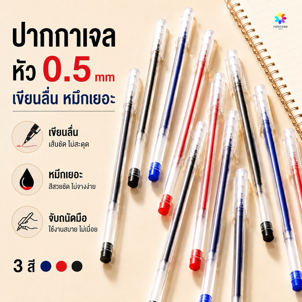 ปากกาเจล หมึกเยอะ ขนาด 0.5mm *สั่งซื้อขั้นต่ำ 5 ชิ้น* เขียนลื่น อุปกรณ์การเรียน เครื่องเขียน ปากกาสี ปากกา