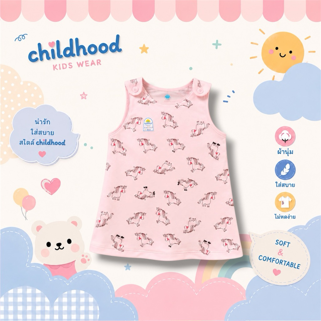 Childhood เดรสเเขนกุด ลายยูนิคอร์น มีกางเกงใน พร้อมส่งจากไทย