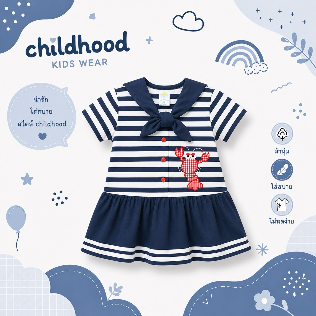 Childhood เสื้อกระโปรงลายริ้ว ปักลายกุ้งล็อบเตอร์ พร้อมส่งจากไทย