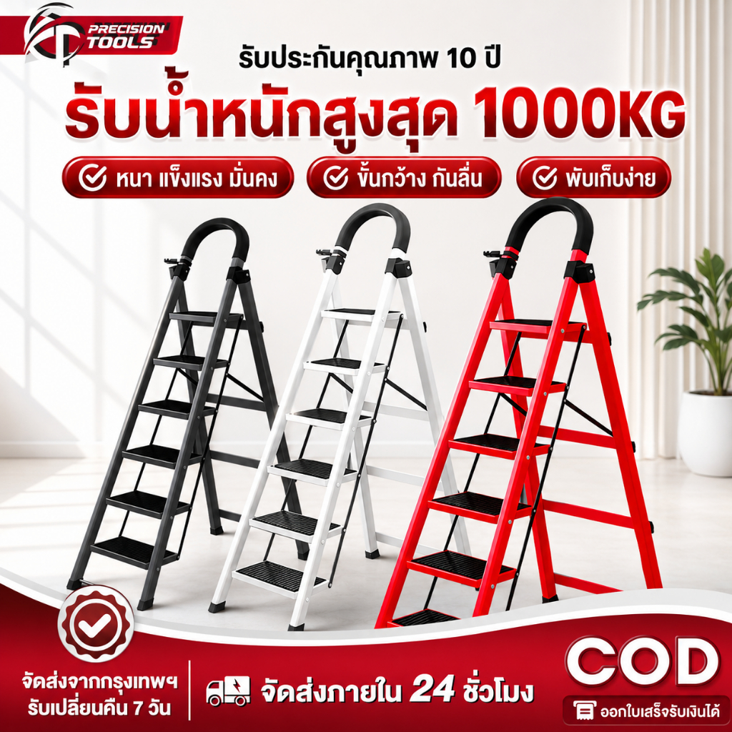 บันได บันไดพับได้ อลูมิเนียม พับได้ รับน้ำหนักได้ 500KG 2-8ชั้น แดง/ดำ/ขาว แข็งแรงทนทาน ไม่เป็นสนิม