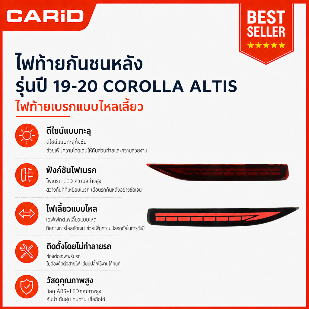 CARiD ไฟท้ายรถยนต์ LED 3-in-1 สําหรับ ไฟเดินทาง ไฟเบรก ไฟเลี้ยว สําหรับ Toyota Corolla Altis 2019-20