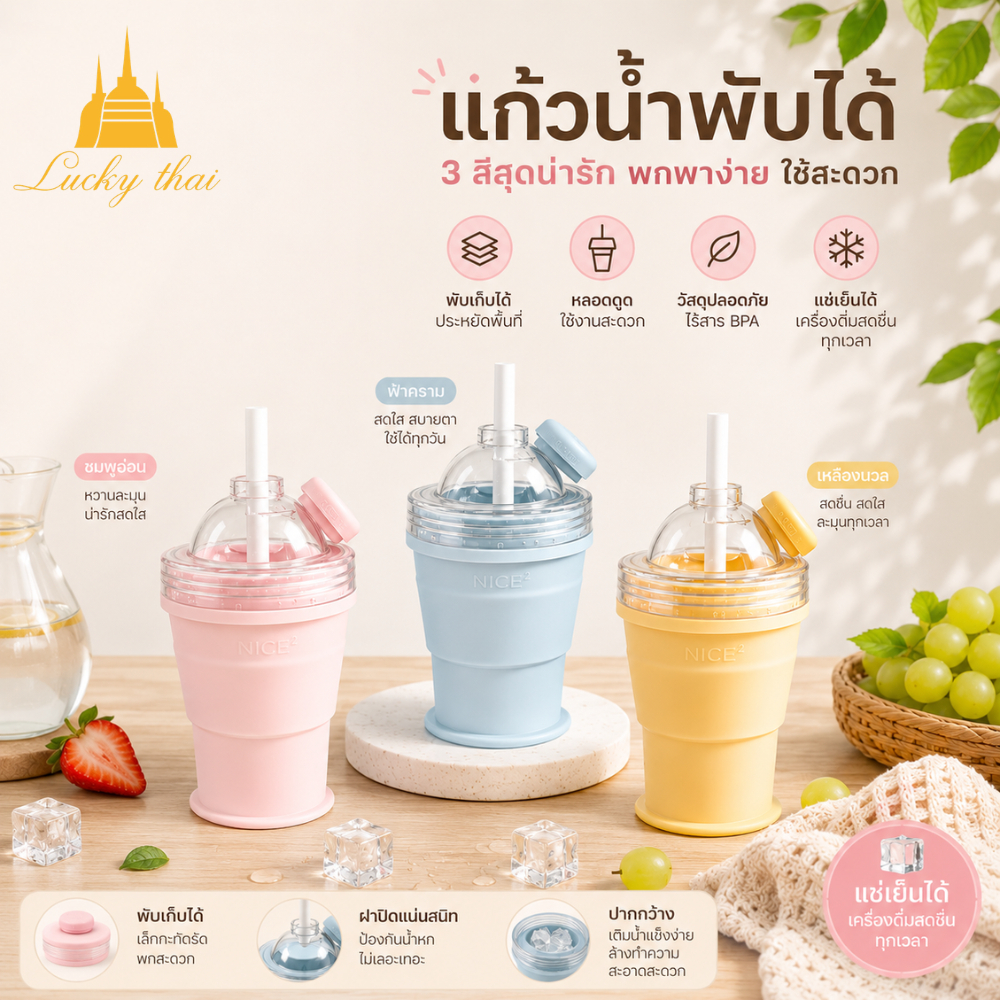 luckythai แก้วทำน้ำแข็งทรงกลม 2in1 แบบพับได้ พร้อมหลอดดูด ซิลิโคนเกรดอาหาร แก้วน้ำพกพา ทำก้อนน้ำแข็ง