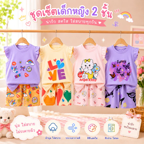 [ชุดเซ็ทเด็กผู้หญิง] เสื้อแขนสั้นทรงระบาย+กางเกงขาสั้น Size73-130 1เดือน-6ปี ลายน่ารัก ผ้าcotton100% ใส่สบาย