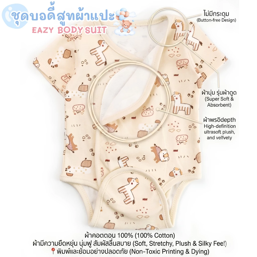 Mami Baby บอดี้สูทคอวี รุ่น แขนสั้น รุ่นผ้าแปะ เด็กแรกเกิด 0-6 เดือน Bodysuit เนื้อผ้านุ่มพิเศษ thumbnail 7