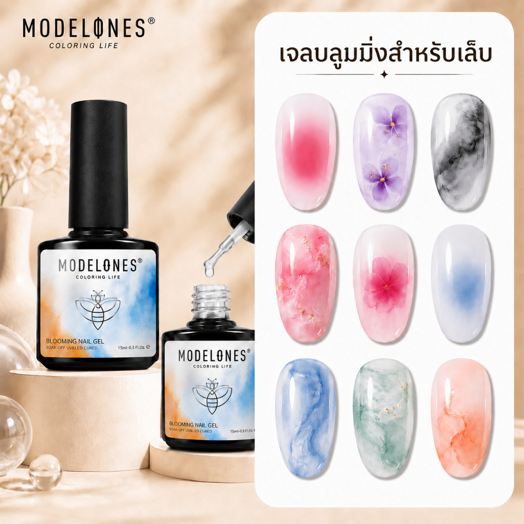 Modelones เจลฟุ้งสีใส Blooming Gel 15ml ทำลายหินอ่อน สีเจลกระจาย UV/LED DIY เบลนสีง่าย ไพรเมอร์