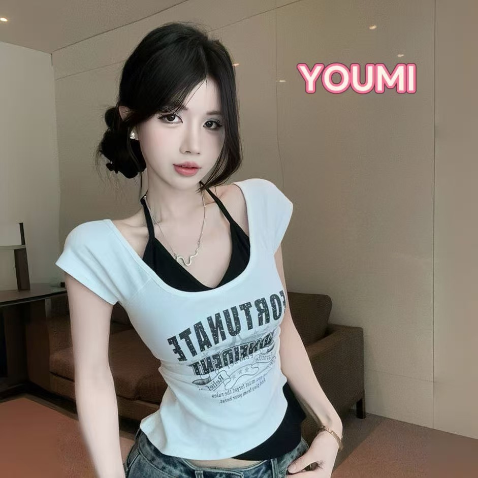 YOUMI ส่งไวจากไทย 2สี เสื้อแขนสั้น สไตล์เกาหลี พิมพ์ตัวอักษร สายเดี่ยวแบบปลอมสองชั้น หวานเซ็กซี่