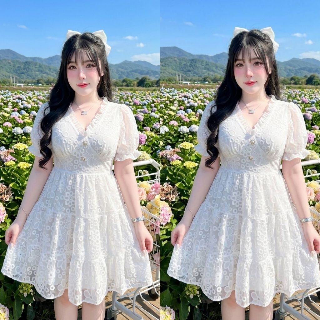 เดรสลูกไม้สีขาวสาวอวบอก36-48