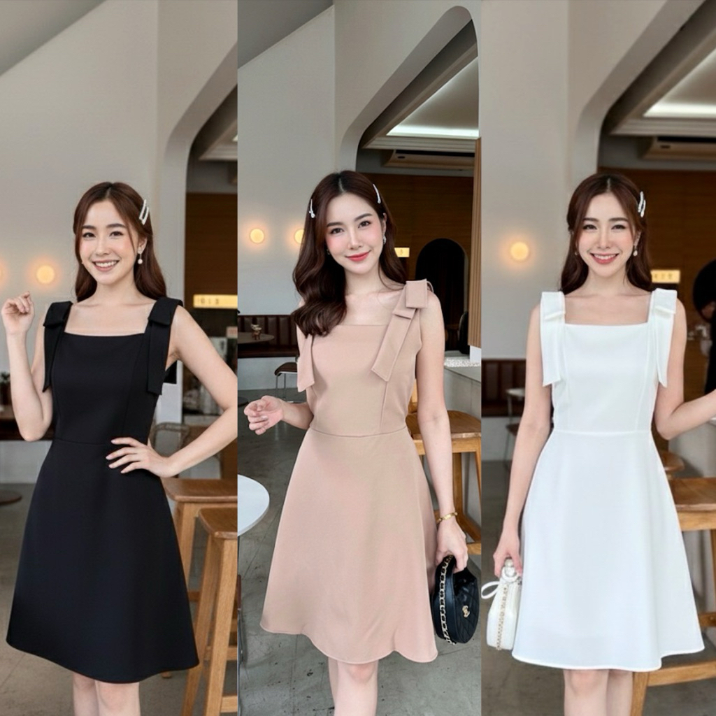C92 BOWชุดเดรสสายเดี่ยวแต่งโบว์ที่ไหล่ ลุคคุณหนู