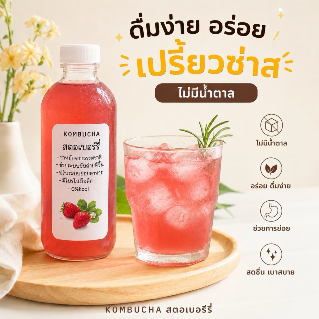 คอมบูฉะรสสตอเบอร์รี่เปรี้ยวซ่าส์อร่อยรสชาติเข้มข้นมากส์